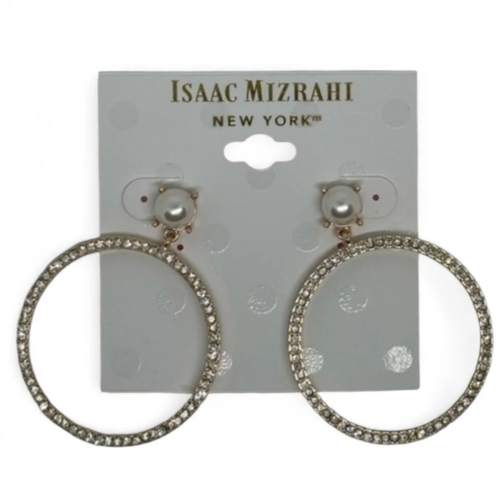 ISAAC MIZRAHI Gold Tone‎ Crystal Pearl Post Hoop Earrings